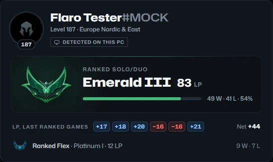 The rank card on Home: Emerald III, 83 LP, and the LP of the last ranked games: +17, +18, +20, −16, −16 and +21.
